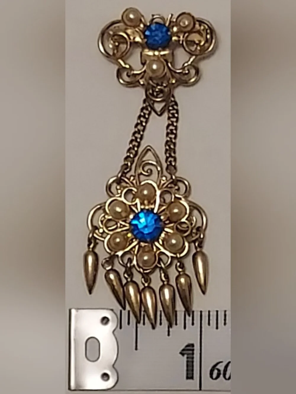 Vintage Goldtone Filigree Chatelaine Brooch Blue Rhinestones Faux Pearls 2.5in.